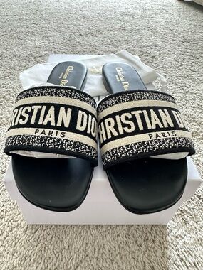 Dior Black and Cream 'Christian Dior Paris' Slide Sandals- Authentic